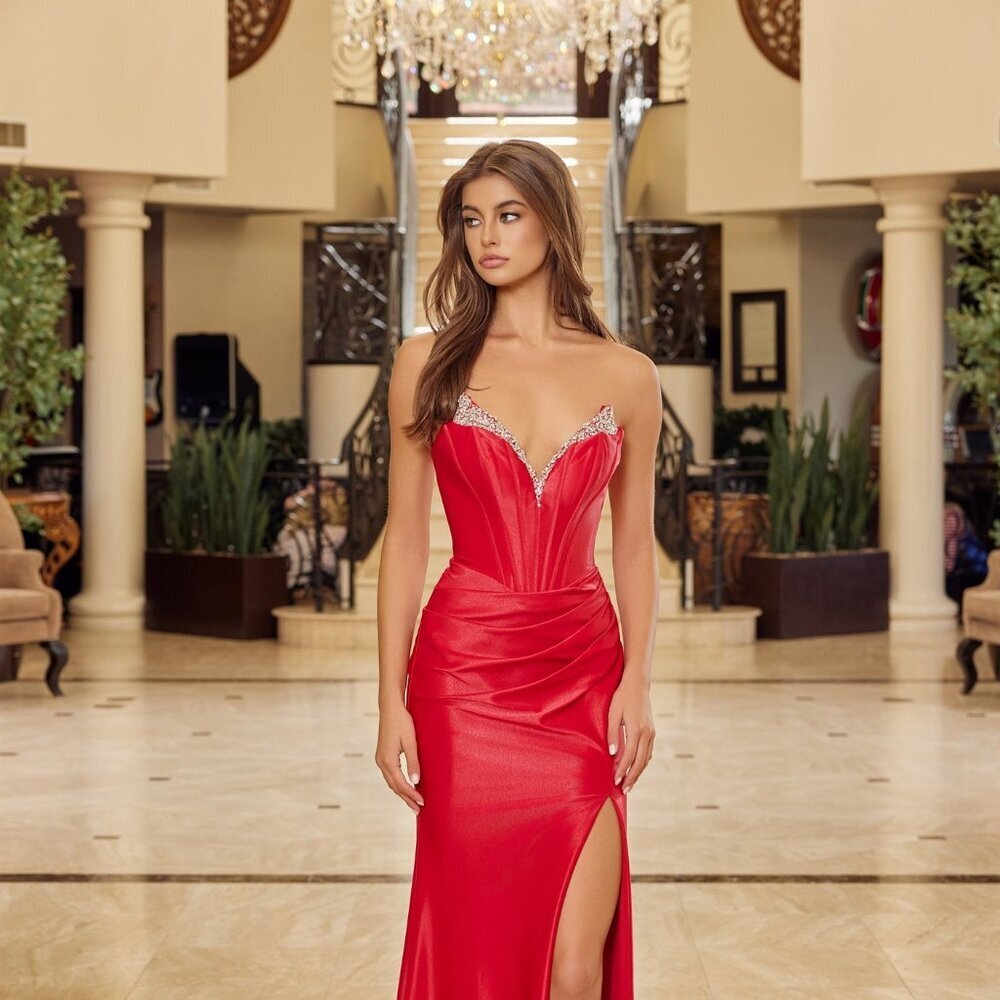 New Red Sleeveless Crystals Embellished Ceremonial Satin Dress NX Y1800